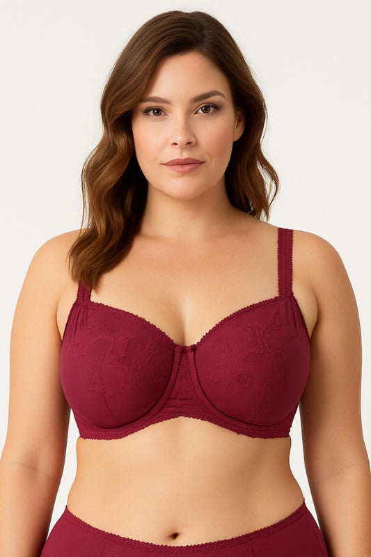 Maroon Embroidered Full Coverage Bra for Women - Floral